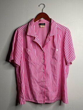 Vintage button up pink and white striped 100% polyester about a size XL